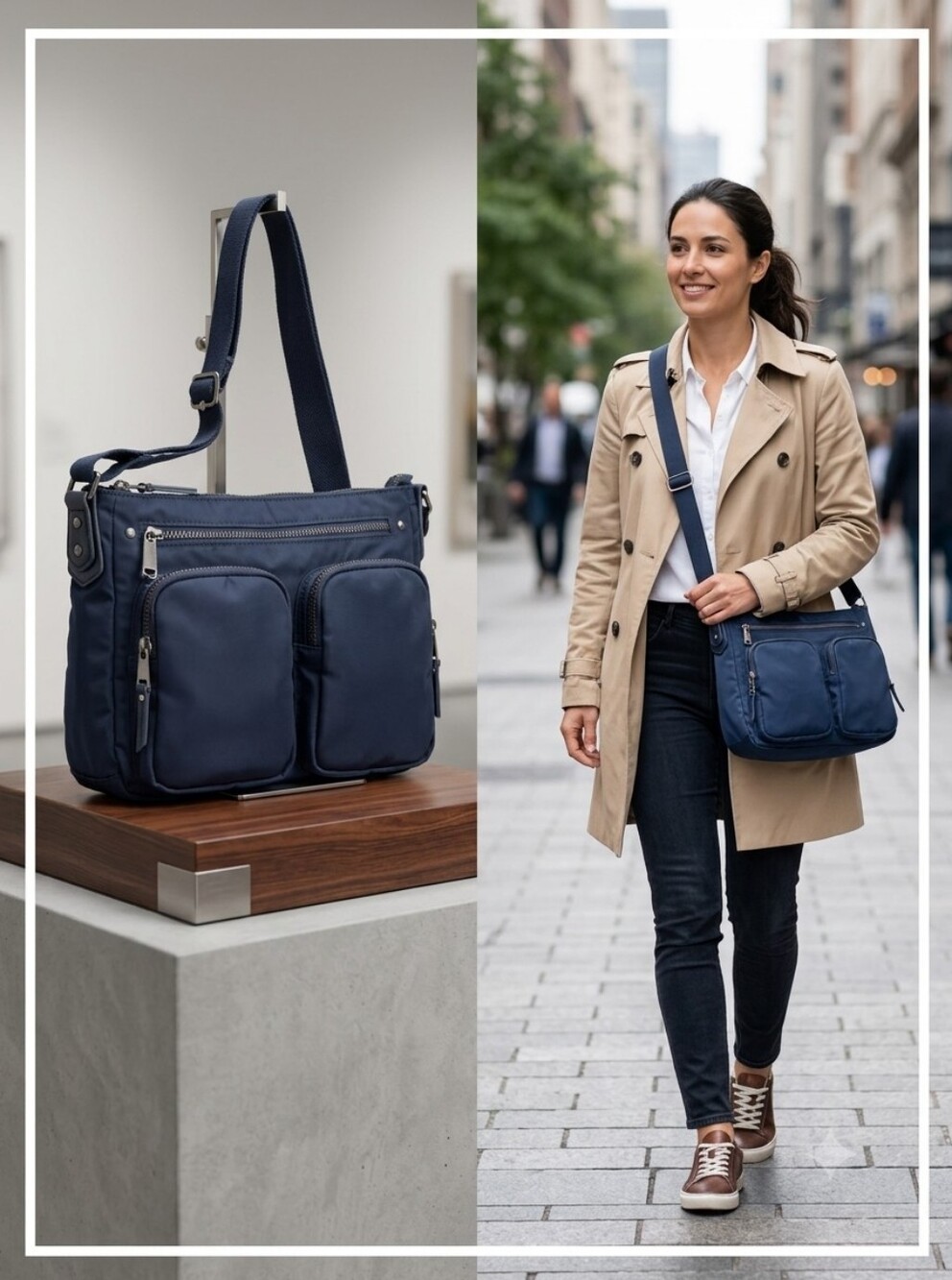 Everyday Navy Crossbody Bag with Front Pocket Duo